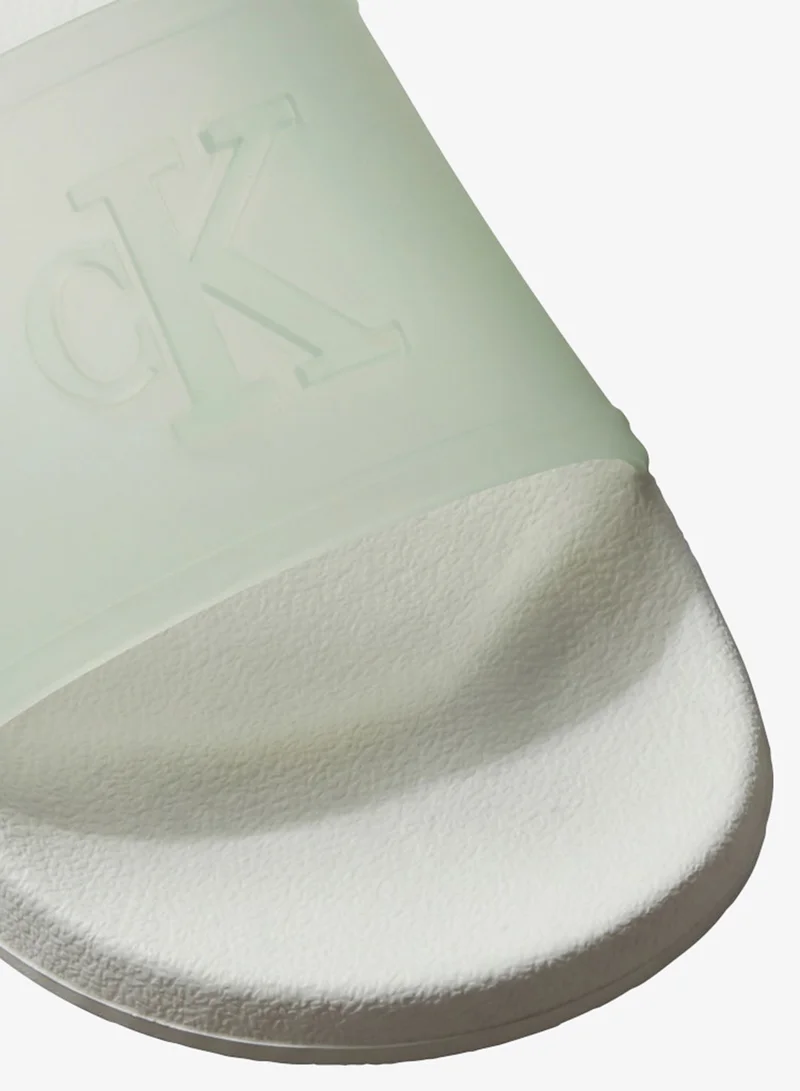 Calvin Klein Misty Blue Embossed Monogam Sliders for Women | Best Price UAE